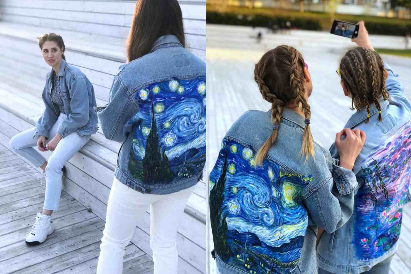 painted Jean jackets painted natural motif night sky bume
