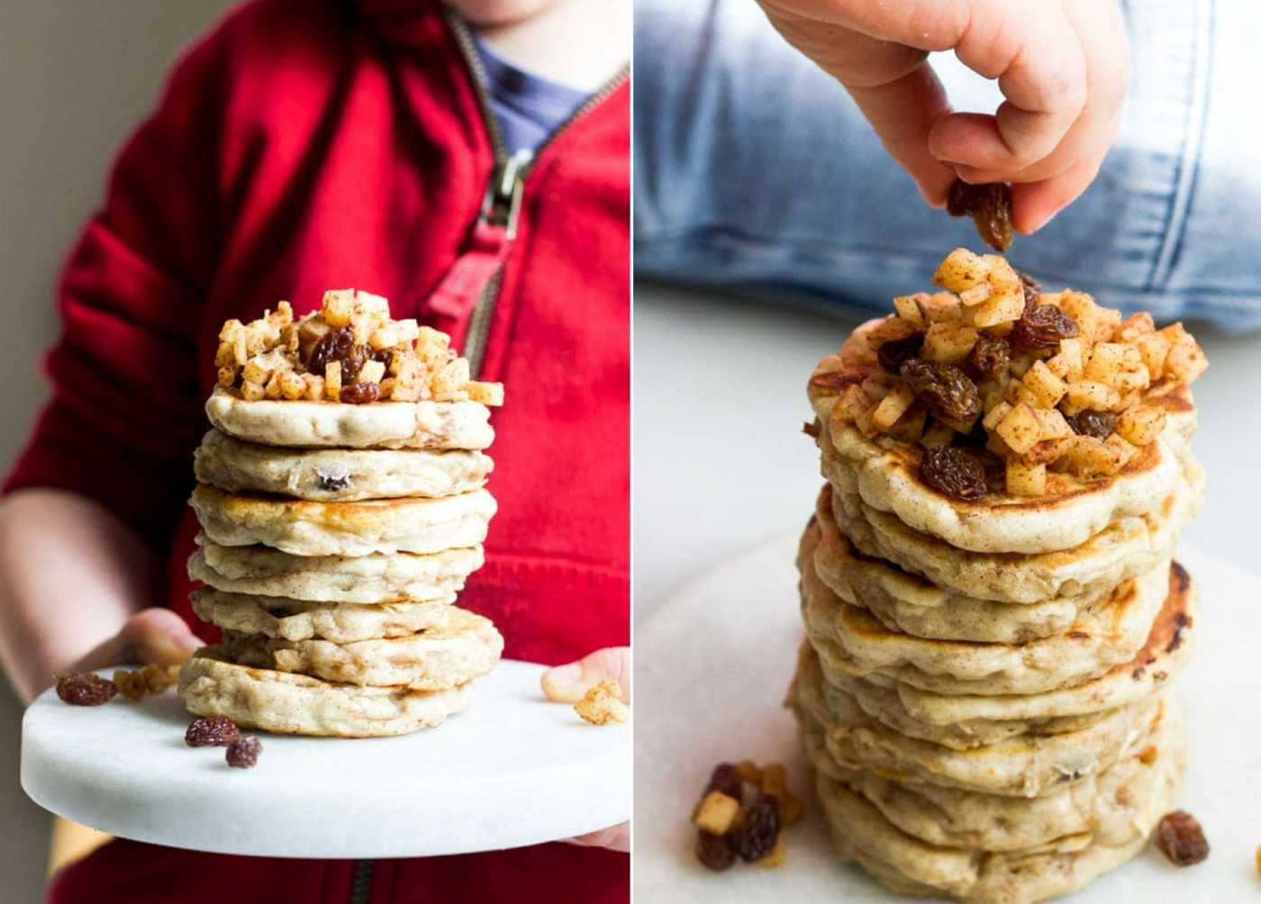 Apple pancakes with cinnamon and raisins as healthy snacks for the school