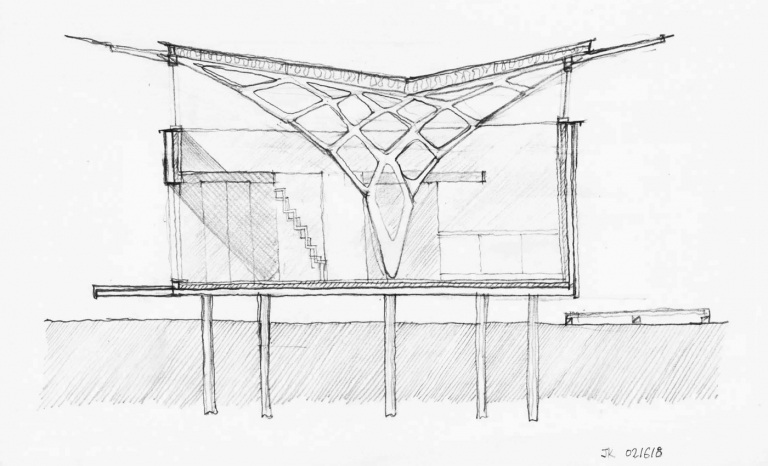 Bauplan Architektenhaus Seitenansicht Holzbalken Stütze Terrain Neigung