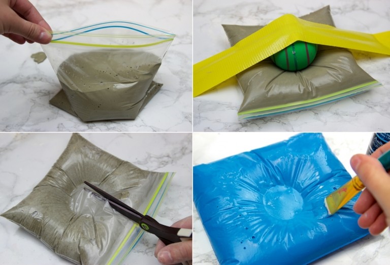 Betonmischung in einen Plastikbeutel füllen und mit einem Ball formen