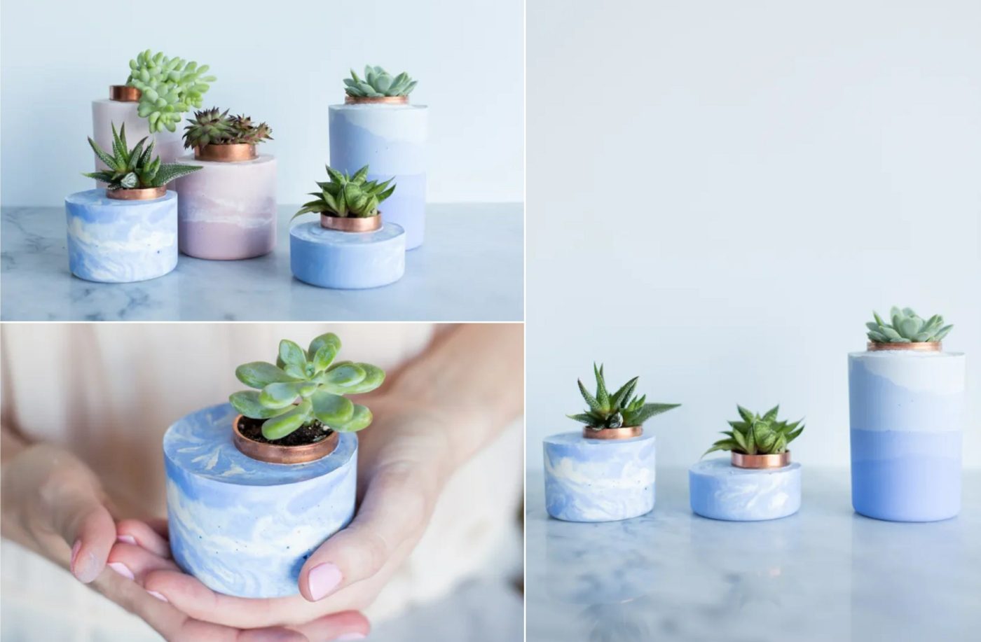 Blue and pink to shape plant containers in marble or ombre look
