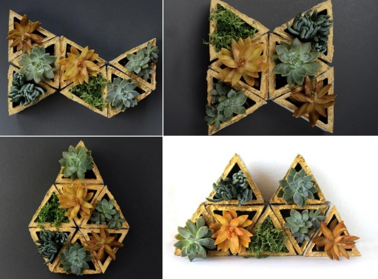 Dreieckige Beton-Blumentöpfe mit goldener Farbe mit uahlreichen Gestaltungsmöglichkeiten