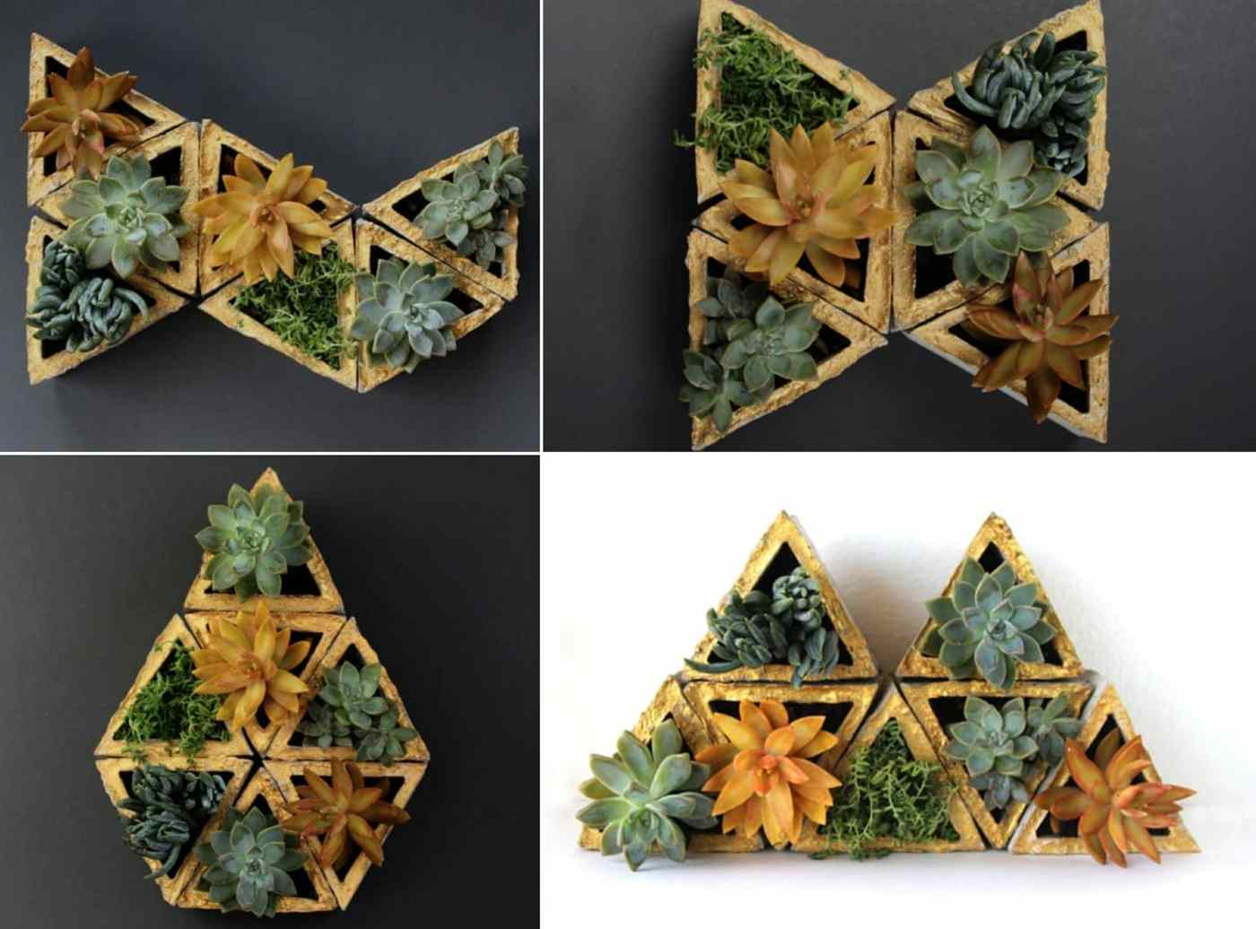 Triangular concrete flower pots with golden color with numerous design possibilities