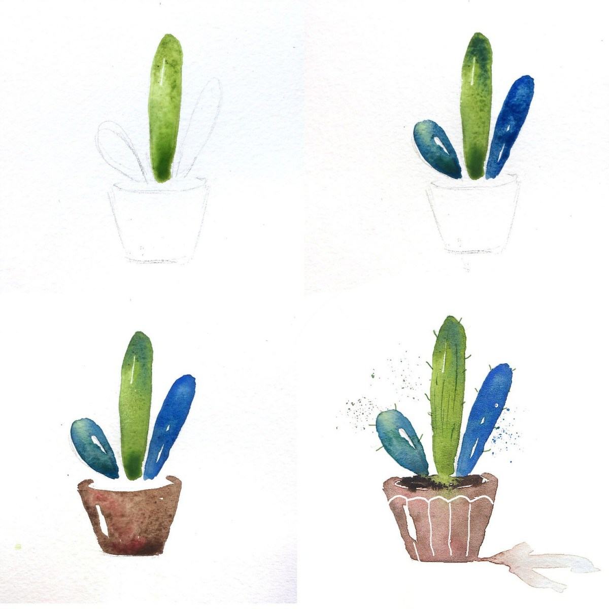 Dreiteiliger Kaktus in Blau und Grün mit Stacheln aus Wasserfarben gestaltet