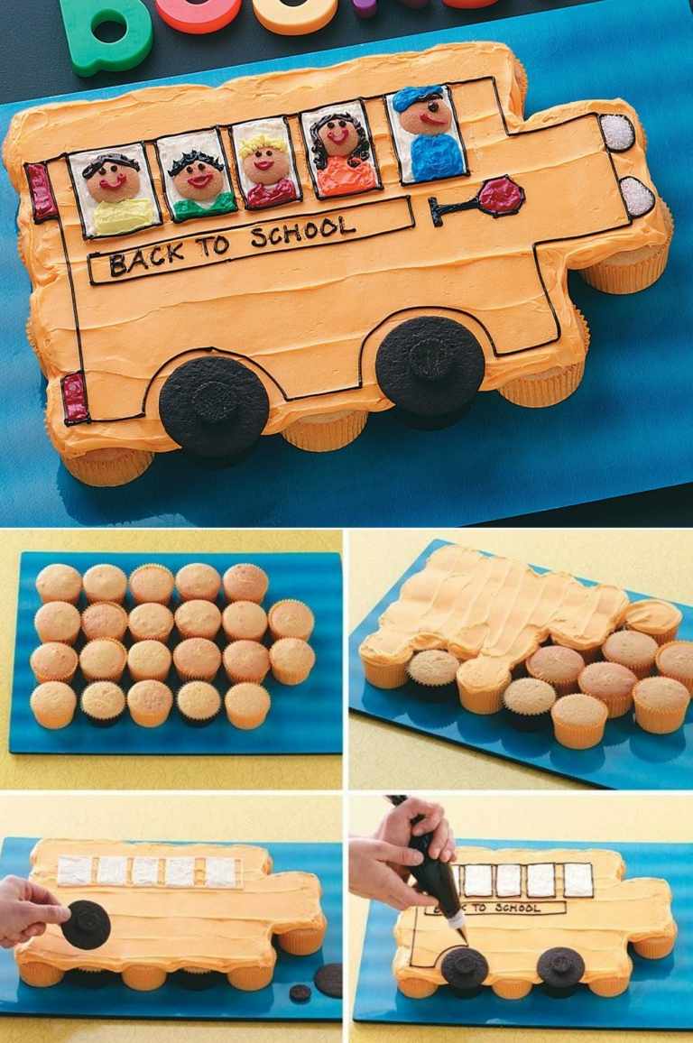 Einschulung Deko für Torte - Aus Muffins und Creme einen Schulbus oder beliebige andere Motive gestalten