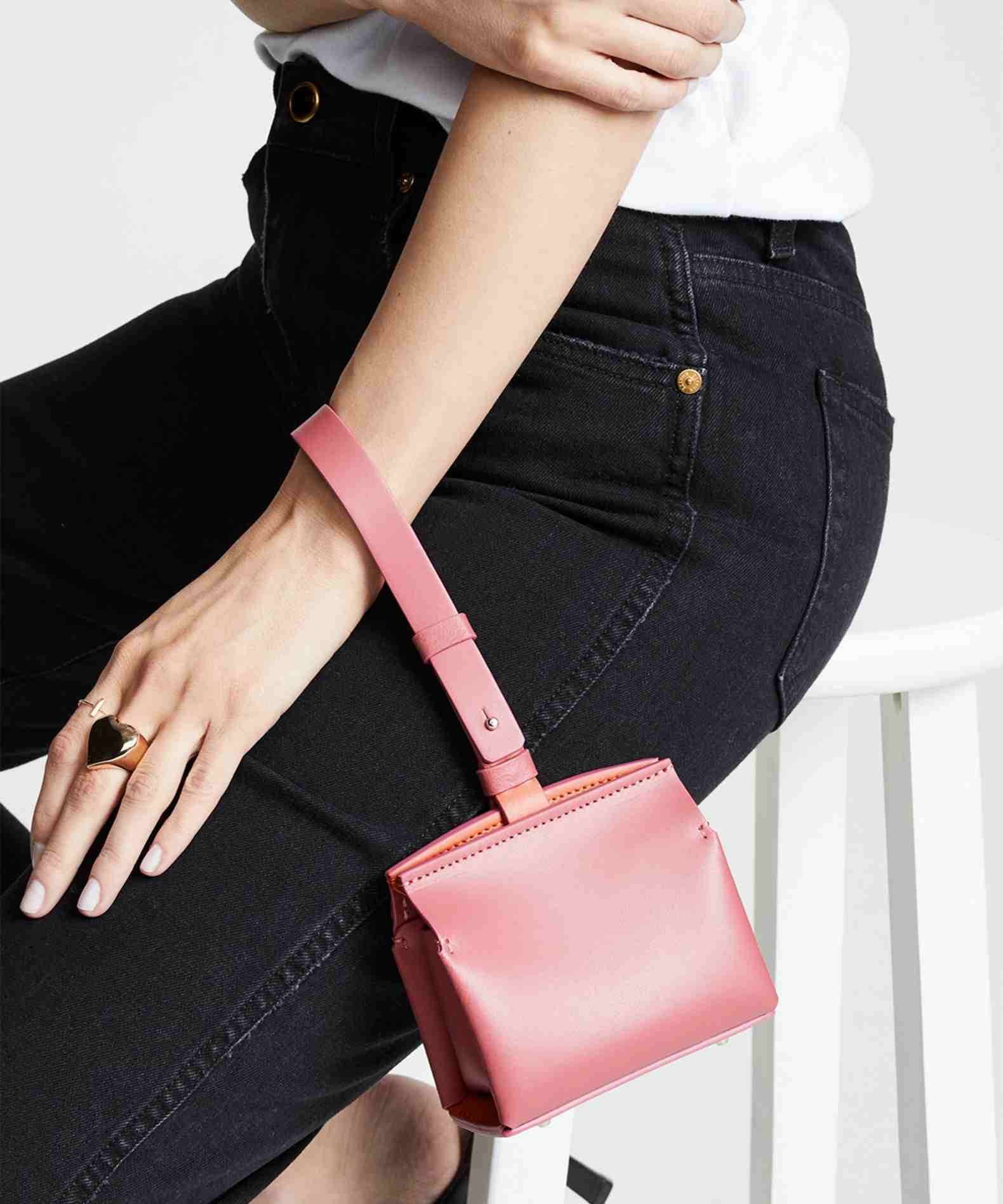 Handbag small Pastel color pink Jeans skirt dark blue Knee length