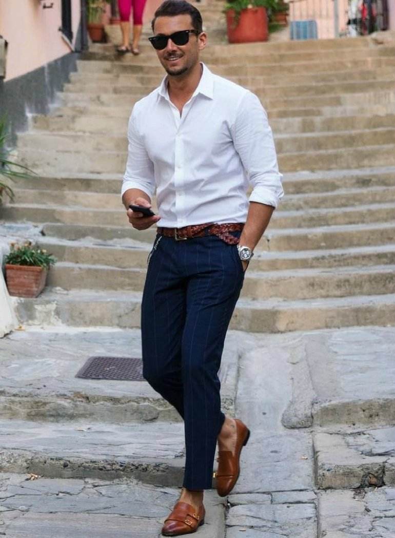 Wedding dress code mens casual chinos white shirt leather shoes