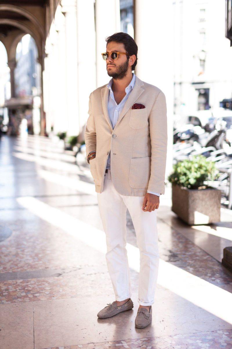 Wedding guest outfit mens blazer beige white pants fashion trends casual men