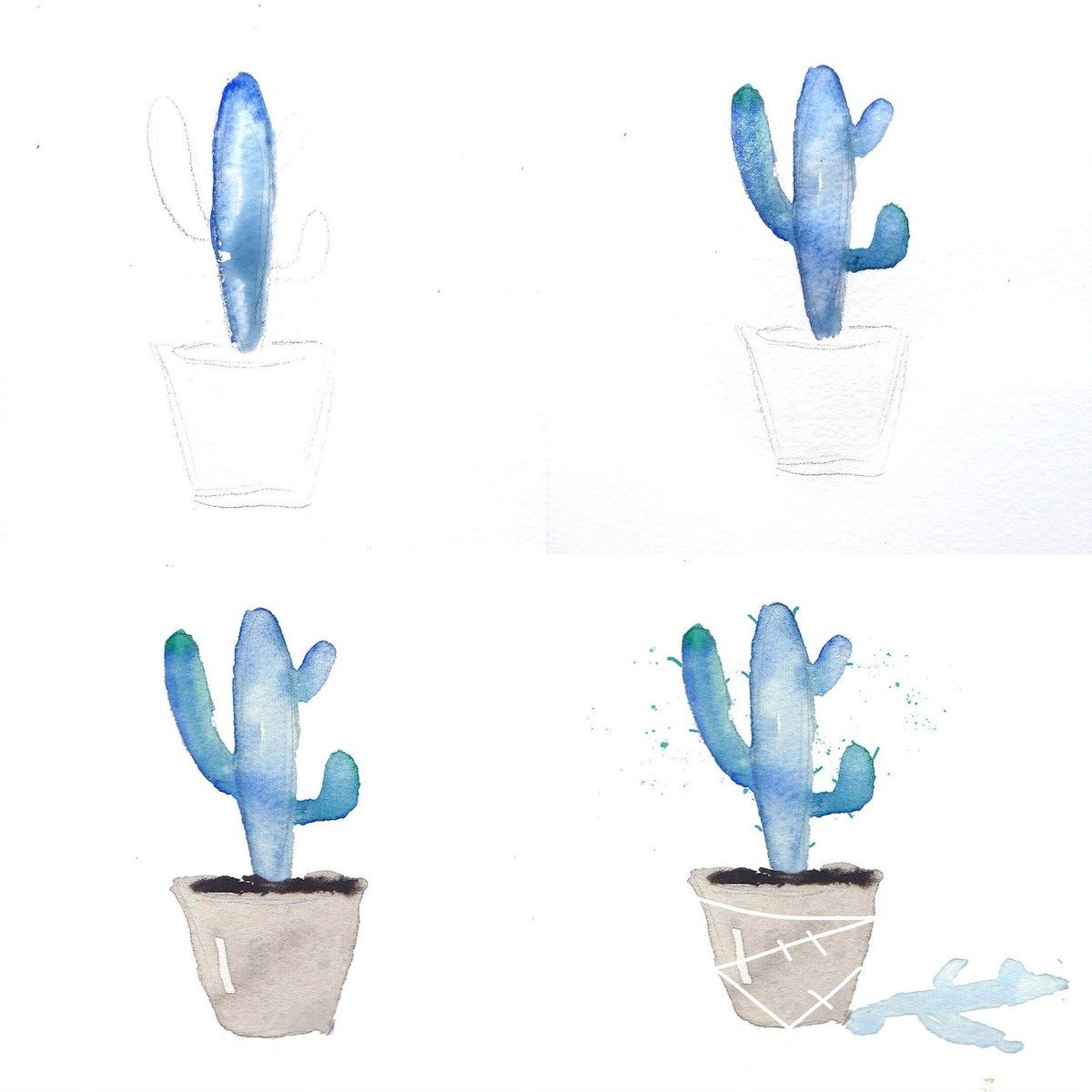 Idee für einen blauen Kaktus aus Wassermalfarben in einfachen Schritten