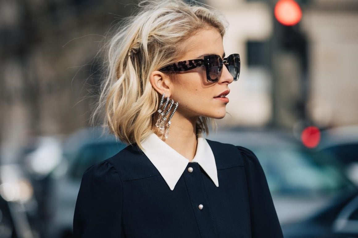 Short bob hair cut blonde hair styles sunglasses earrings fashion trends