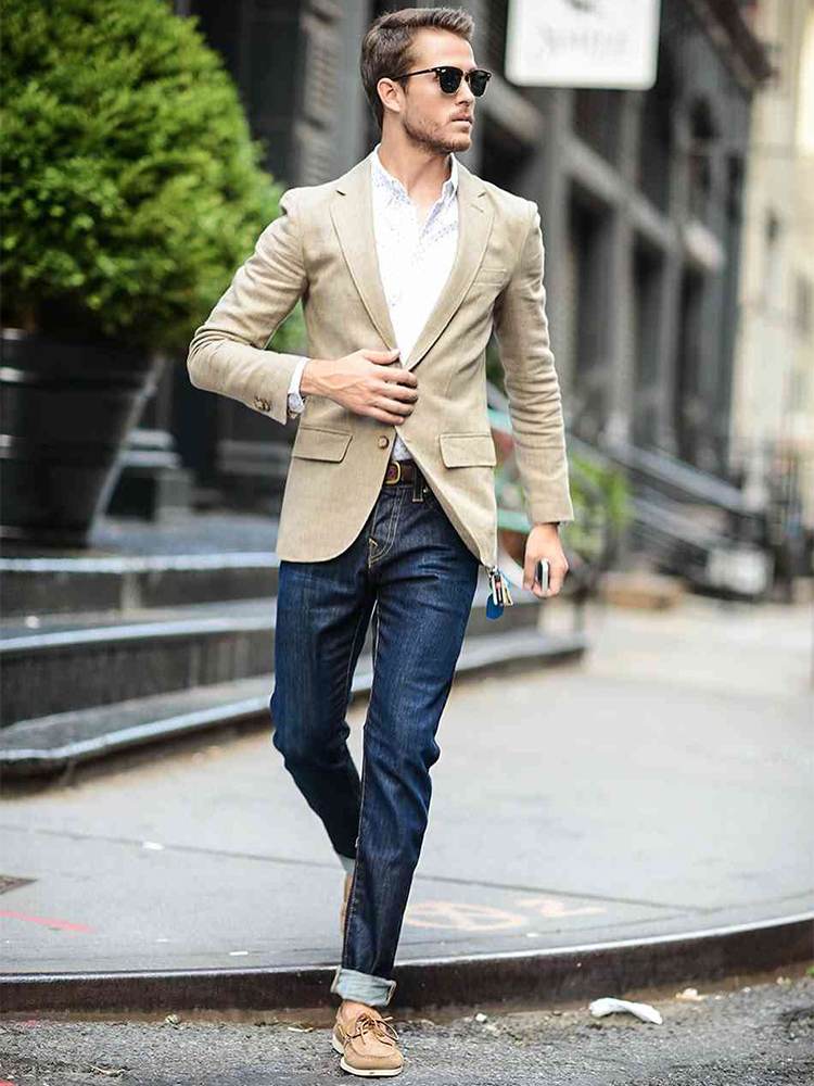 Fashion trends men's casual jeans combine blazer white shirt men's hairstyles