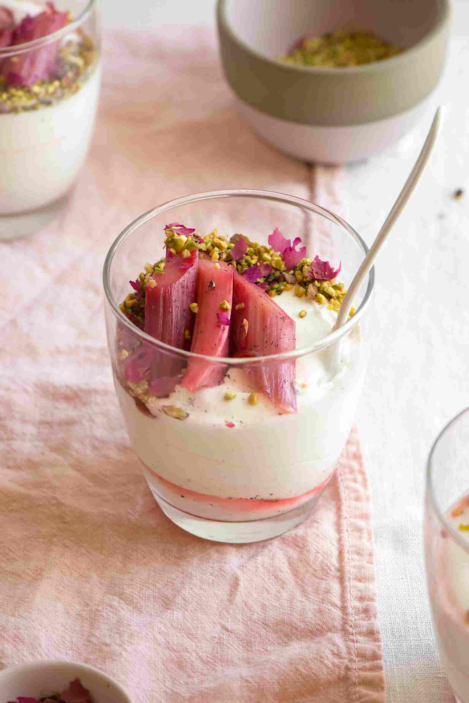 Rhubarb cake recipe in glass simple strawberry pistachio dessert