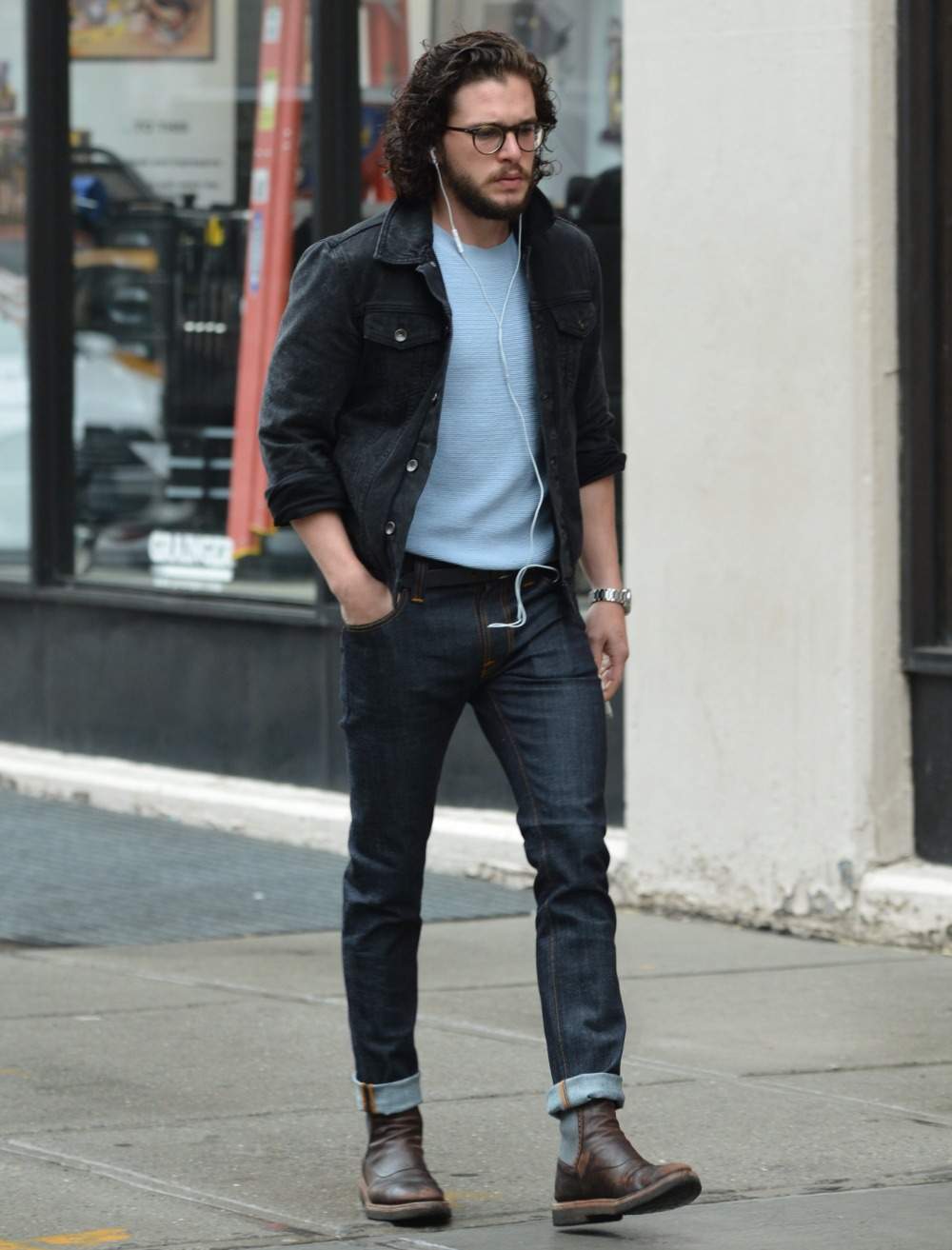 denim black jeans jacket combine men with pullover and boots