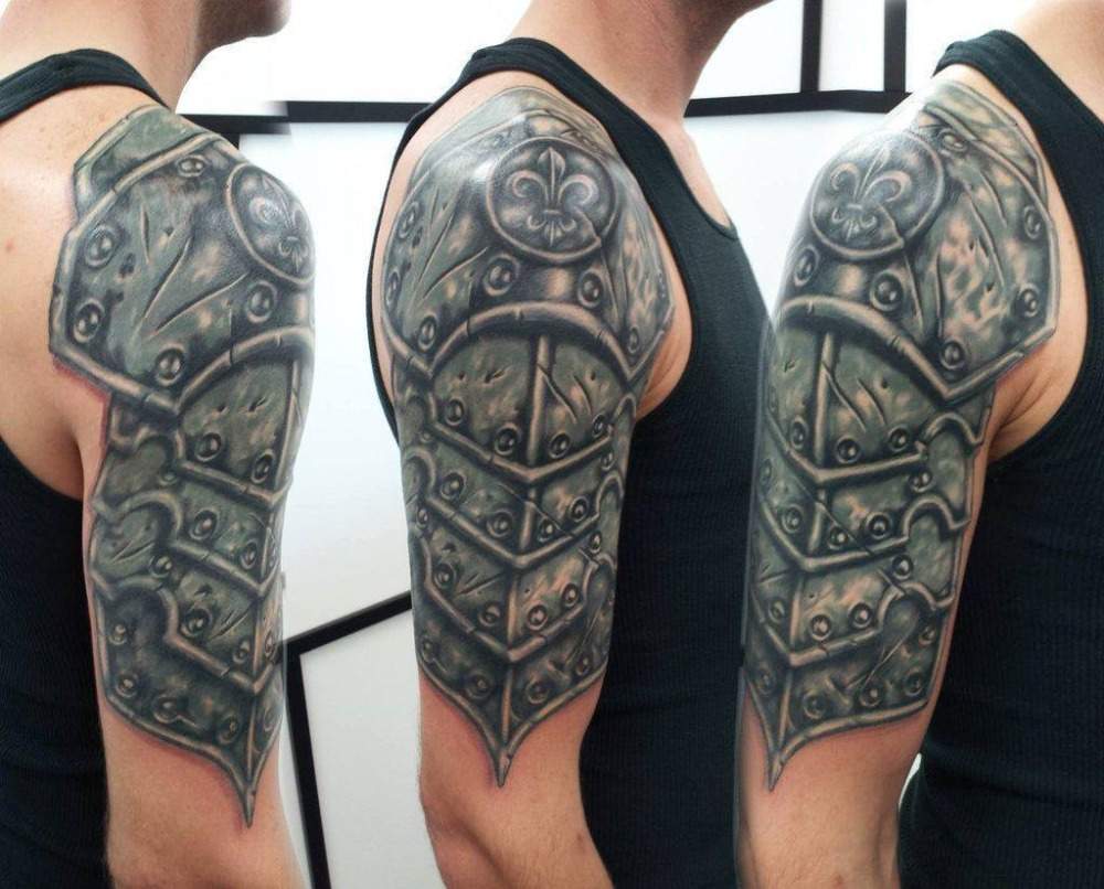 three-dimensional shoulder tattoo men symbolic shoulder armor