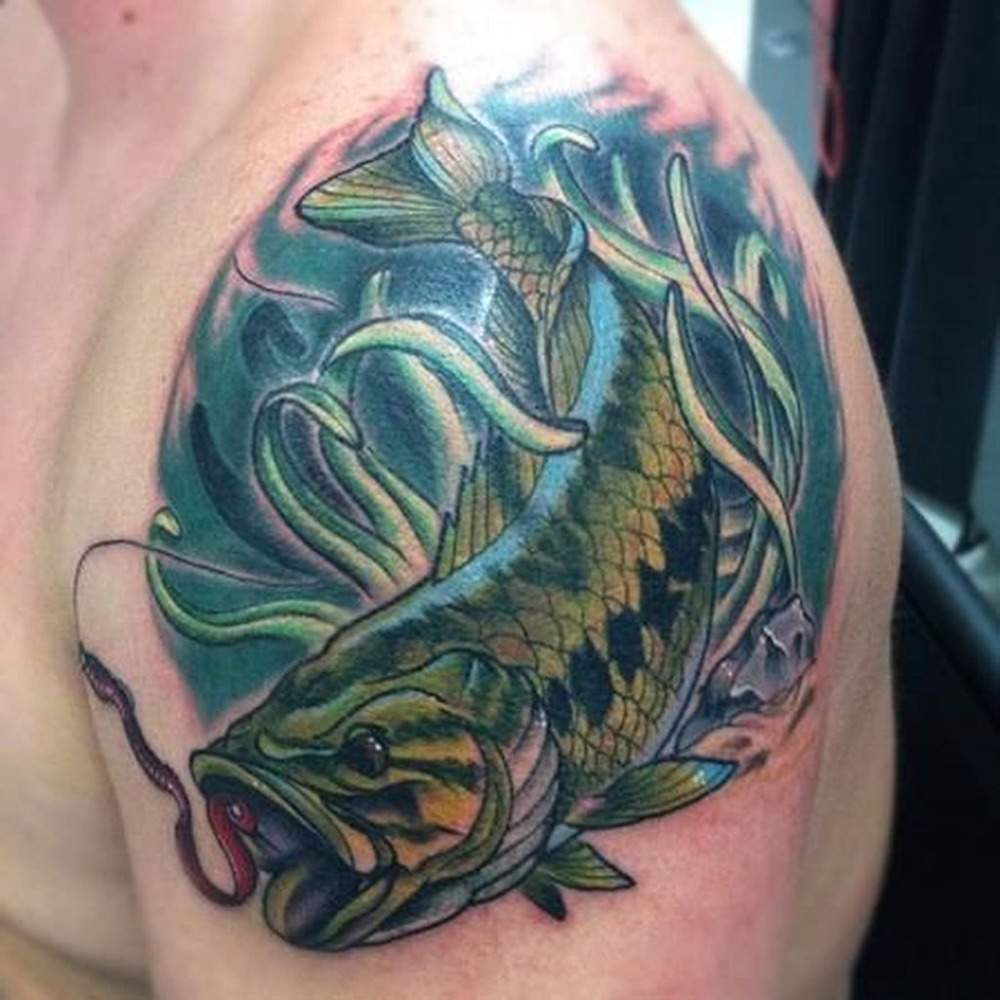 fish shoulder tattoo men blue ink color symbolic depiction