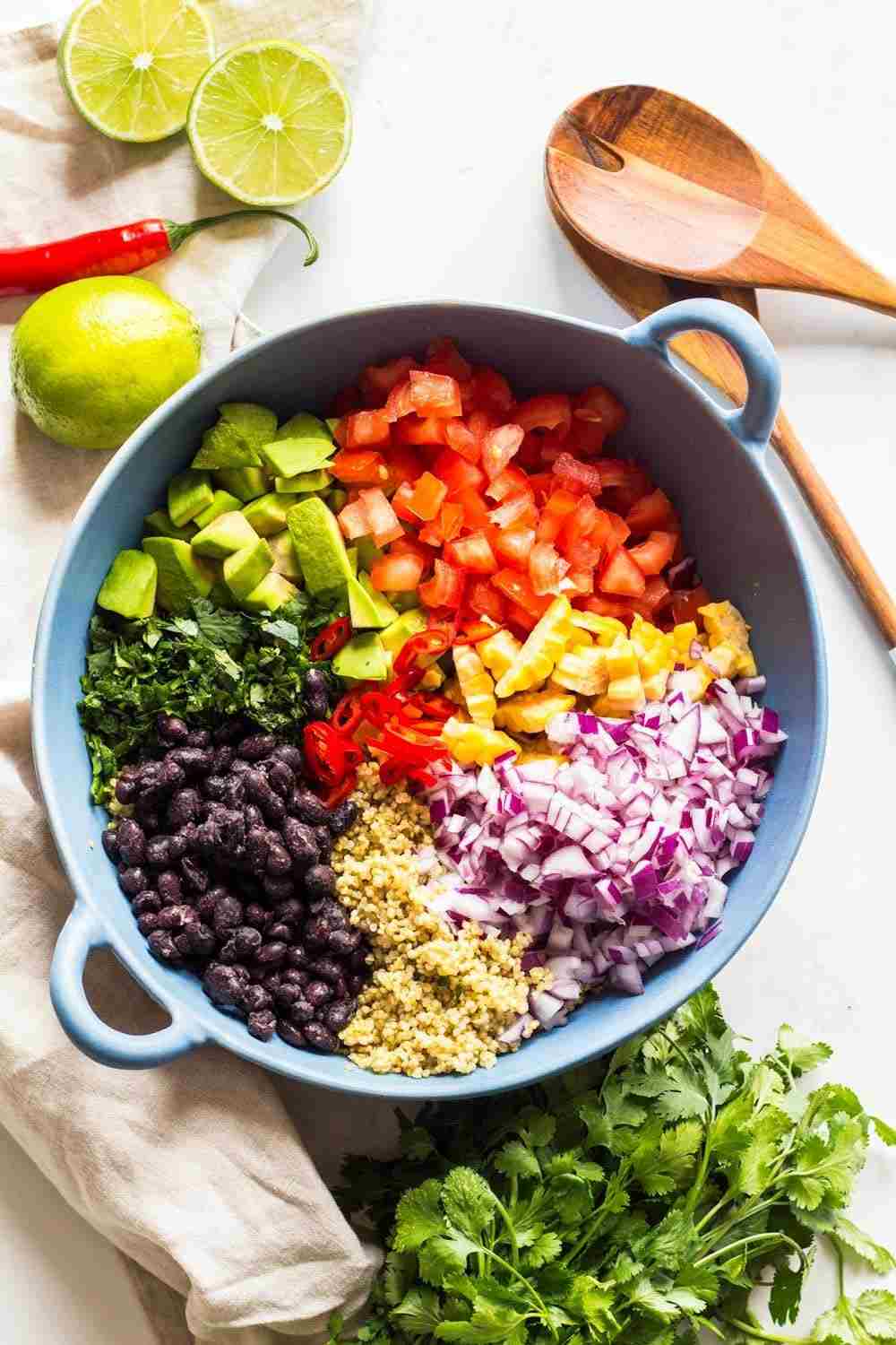 frische zutaten mexikanischer schichtsalat wie lila zwiebeln petersilie avocado quinoa hähnchenfleisch