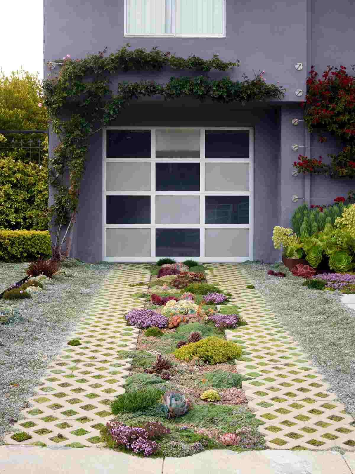 garage entrance in the garden beautifully designed with succulent and climbing plants and house facade