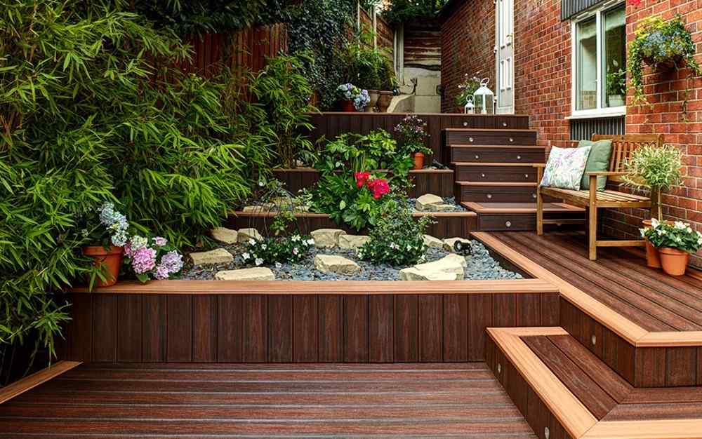 garden design courtyard with charcoal and hanging fastening wooden boards and flowers