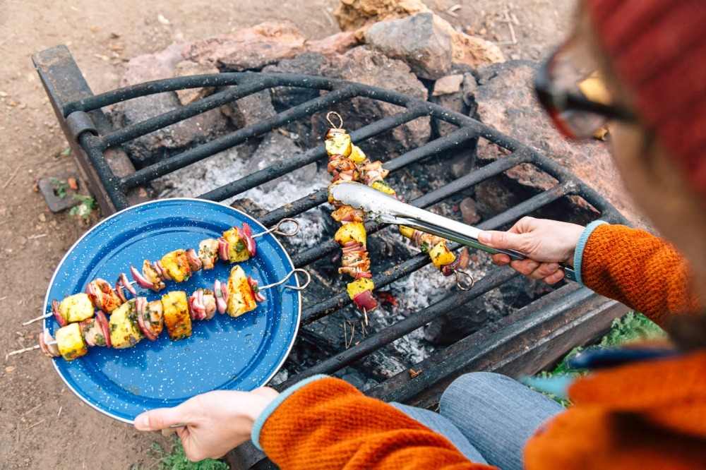 grillrost fleischspieße mit ananas und hähnchenfleisch lecker zubereiten beim camping