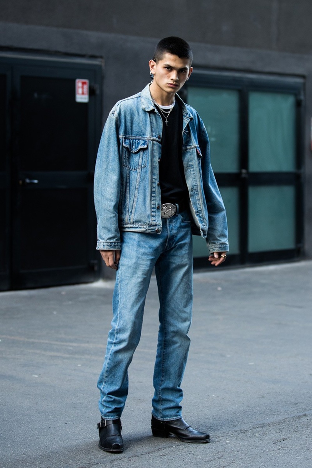 herrenmode aus den 80ern jahren mit jeansjacke jeans und boots