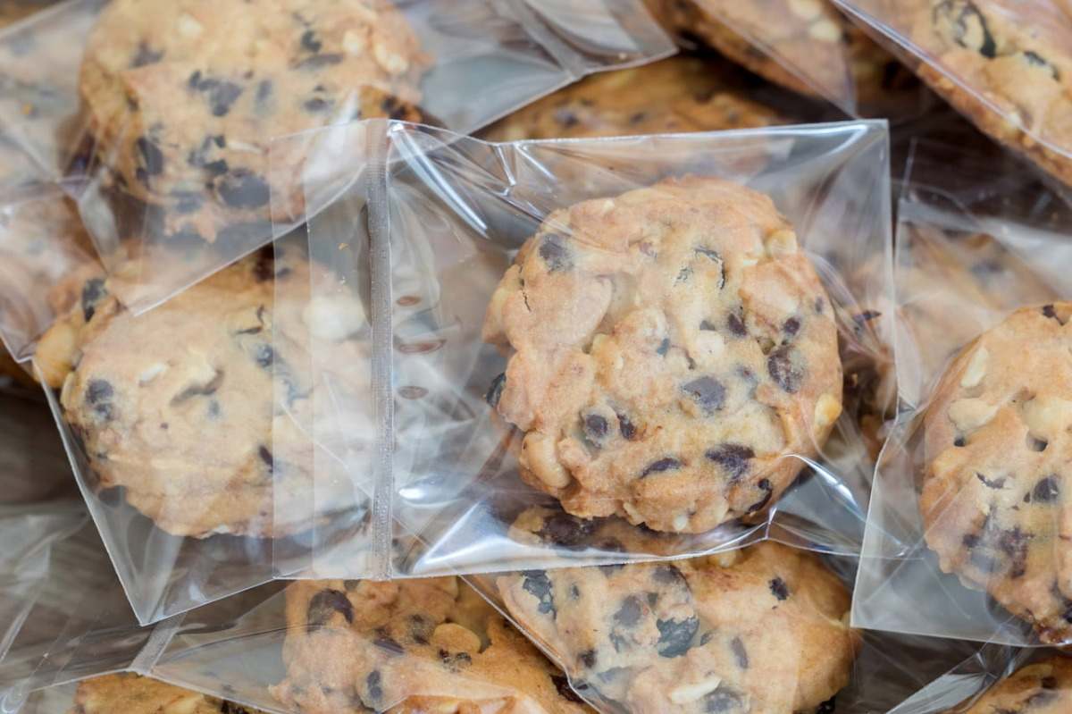Biscuits with chocolate are packed in plastic bags
