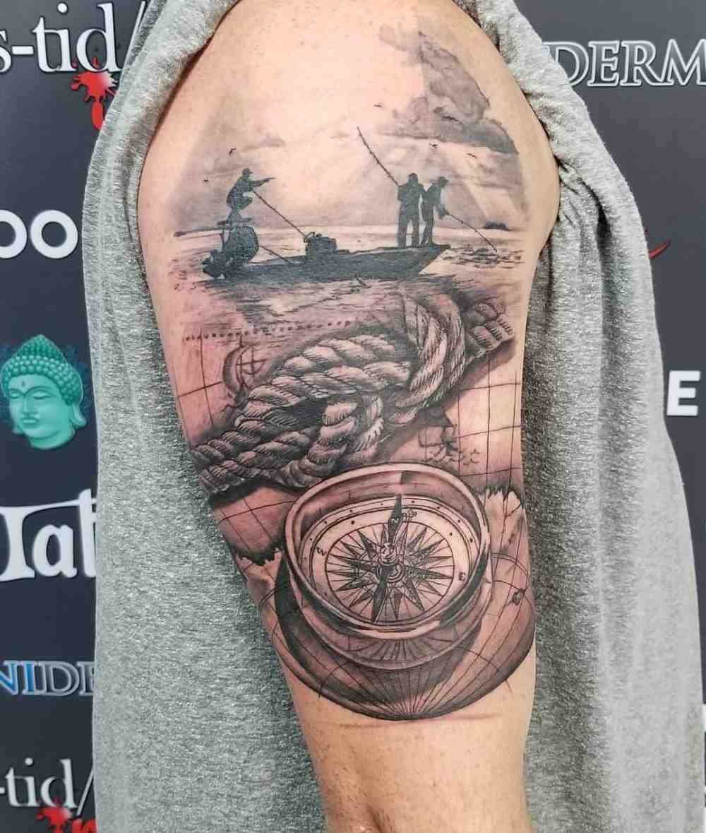 travel tattoo men with compass and sail boat sailors