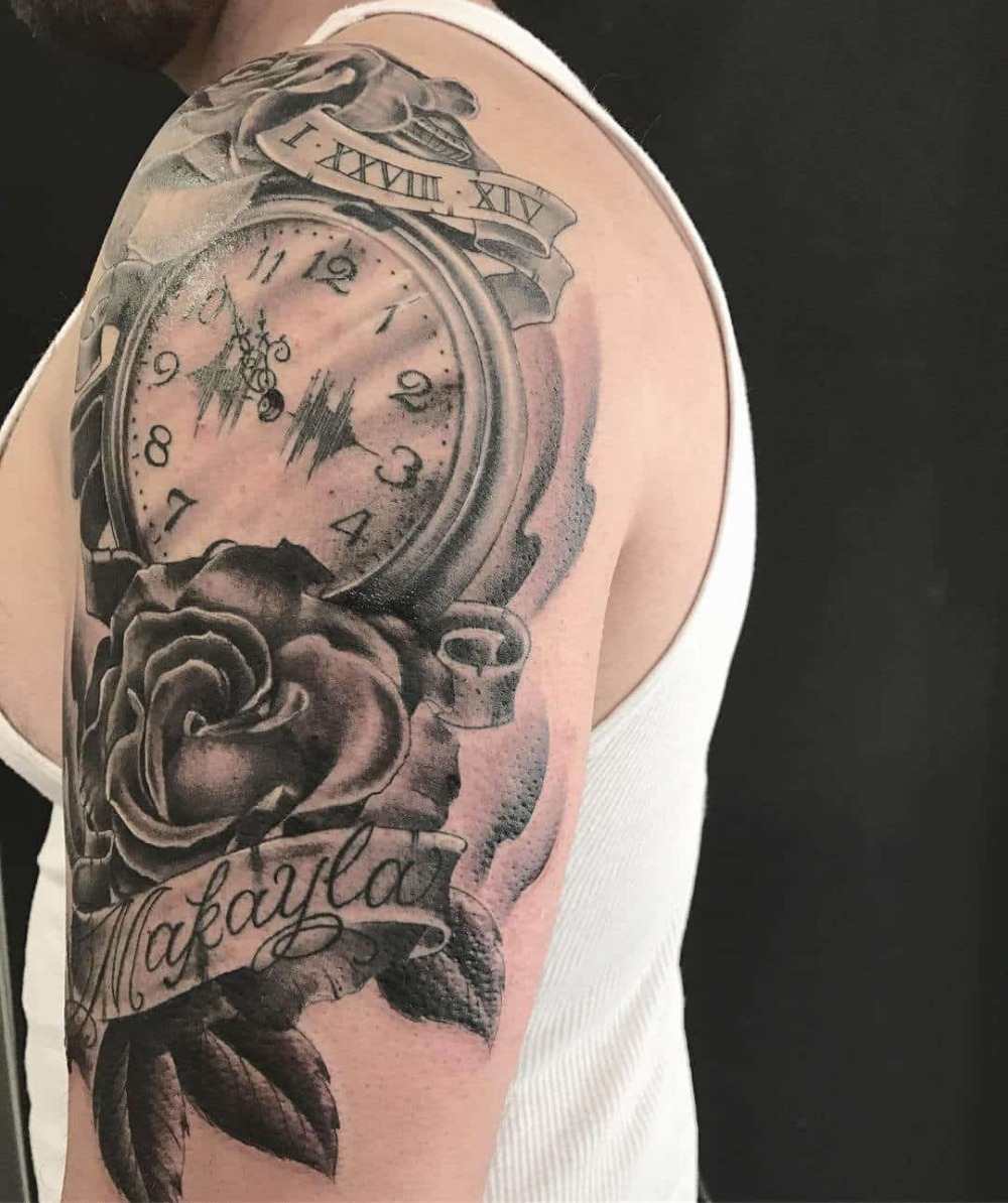 pocket watch hidden in roses with roman numeral tattoo for men