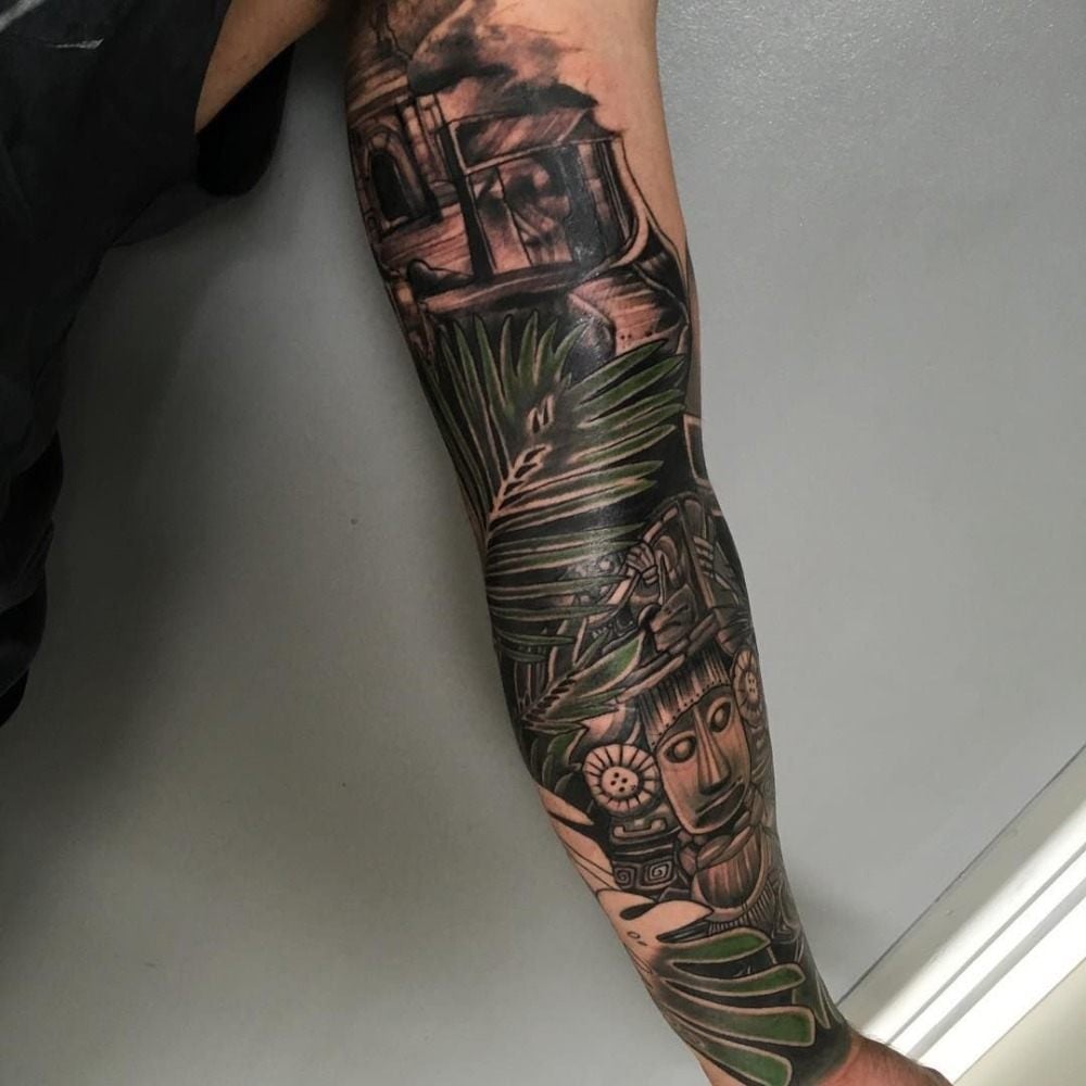 tulle maya tattoo arm with green color and indian figure sleeves