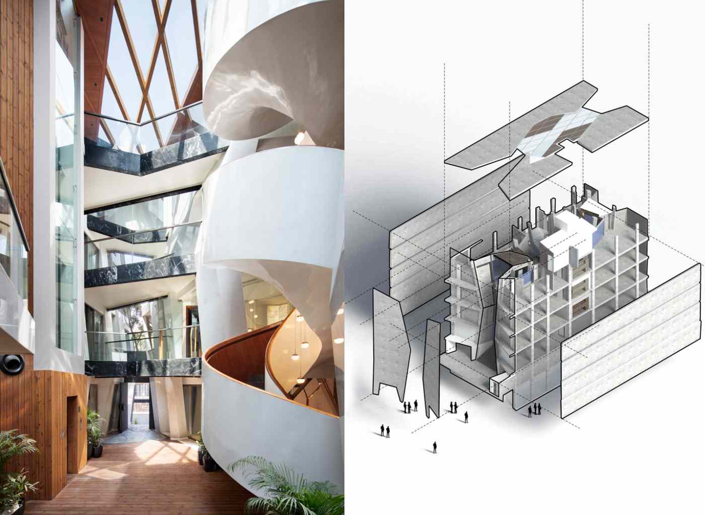 Wendeltreppe im Atriumhaus moderne Raumplanung sorgt für optimale Lichtverhältnisse