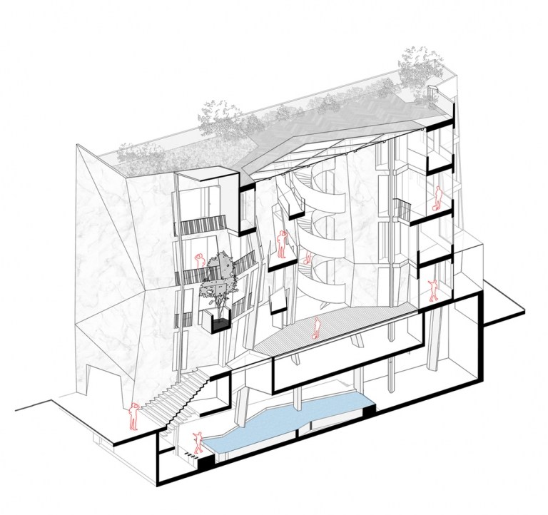 Atriumhaus mit Glasdach besteht aus zwei Bauvolumen Grundriss zeigt alle vier Etagen