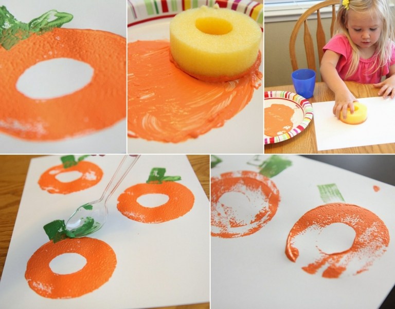Bilder als Bastelideen Herbst Kindergarten - Kürbisse mit Poolnudeln drucken