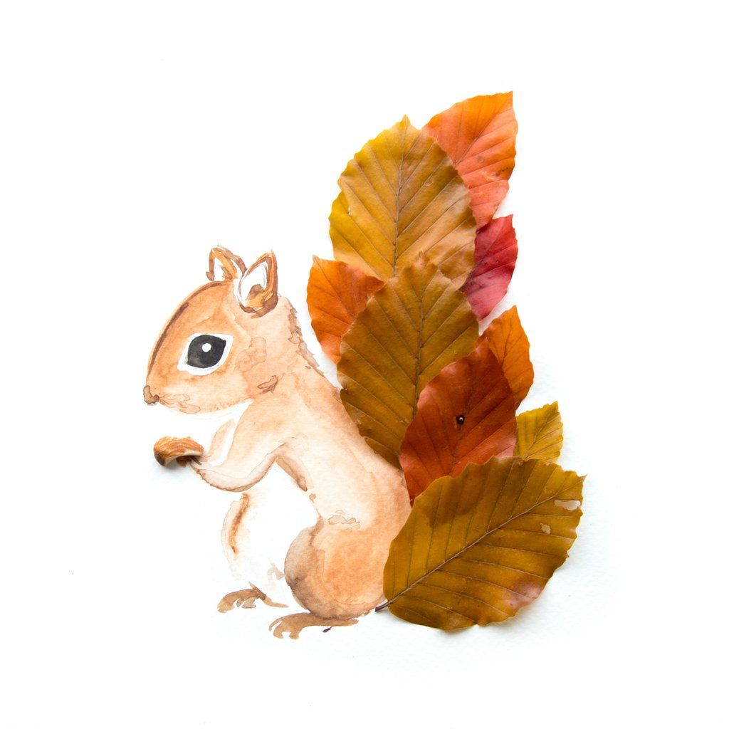 Eichhörnchen mit Wasserfarben malen und Schwanz aus bunten Herbstblättern machen