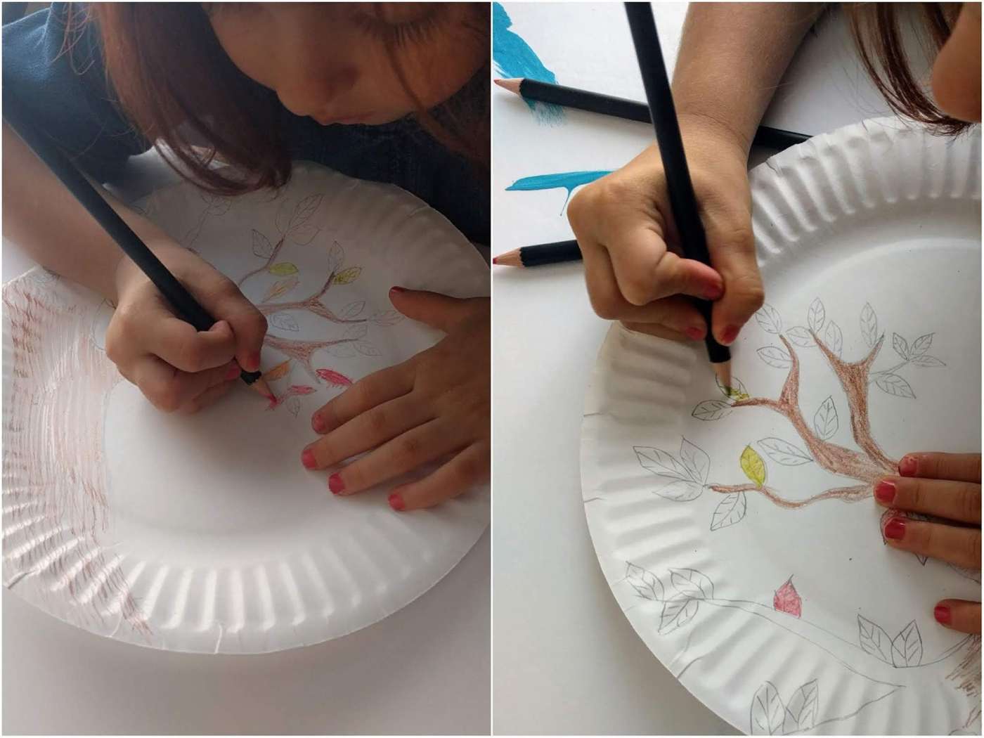 Drawing and painting with the children trees and autumn leaves on counters