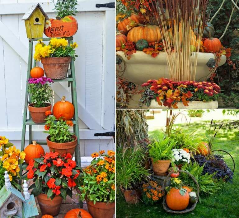 Gartendeko Herbst selber machen mit Kürbissen und Blumen - Idee für Brunnen und Leiter
