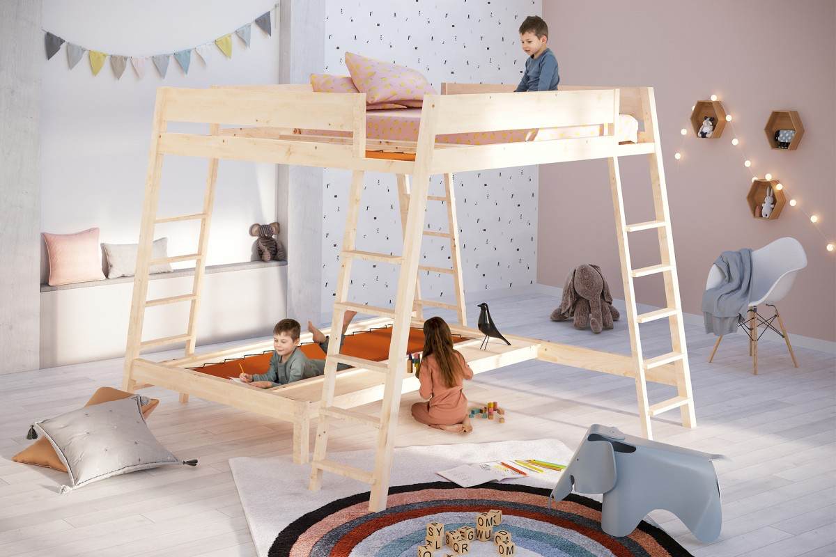 Spatial room space-saving fittings high bed three children desk play area