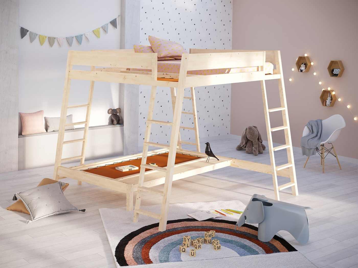 Puristic bunk bed with play mattress and four persons offers play area and dormitory design ideas for small rooms