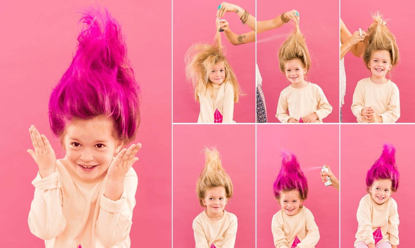Halloween Frisuren für Kinder nachmachen - Anleitung für einen Troll mit pinken Haaren