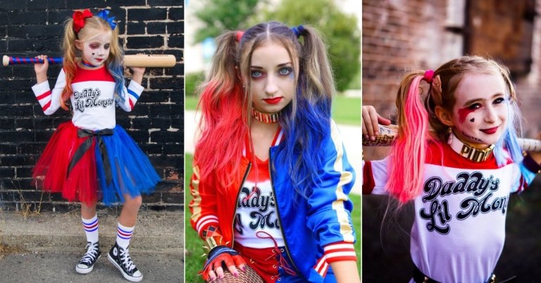 Harley Quinn selber machen mit rotem und blauen Zopf als einfach Halloweenfrisur