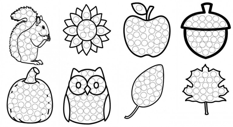 Herbstliche Motive zum Gestalten mit Punkten - Eichhörnchen, Eule, Apfel, Kürbis, Blätter, Eichel und Sonnenblume