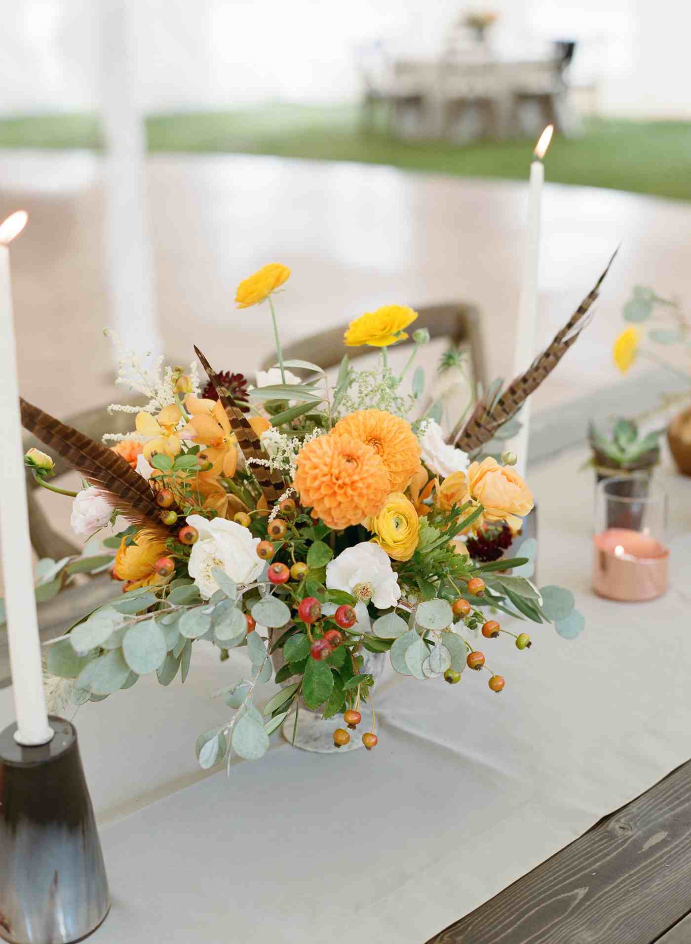 Autumn table cloth with dahlias and feathers in yellow color with white accents