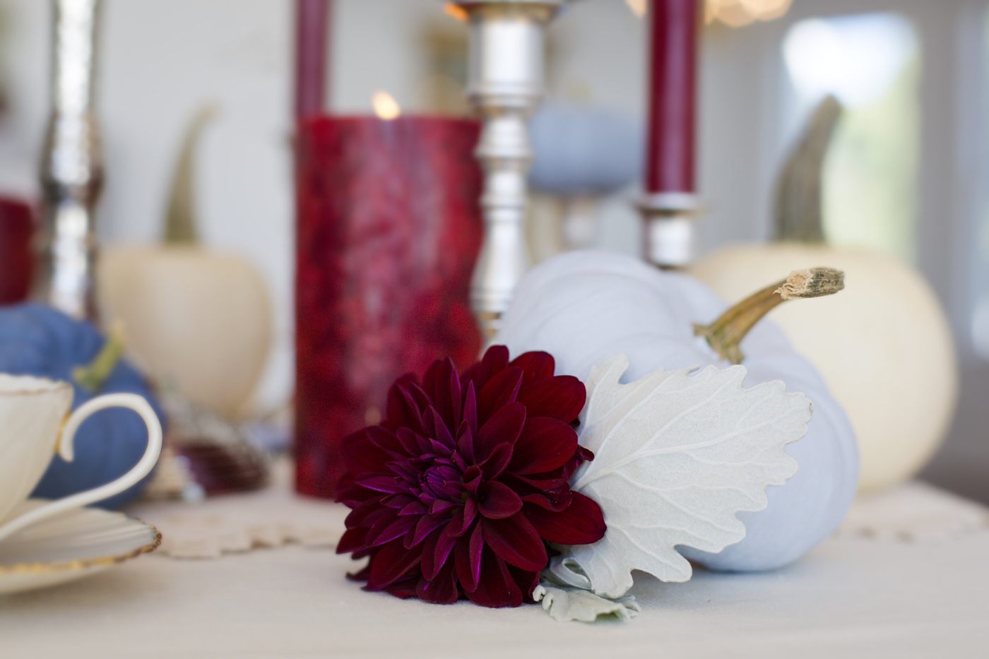 Autumnal table decoration with dahlia in white, white colored autumn leaves and ornamental pumpkins in the table