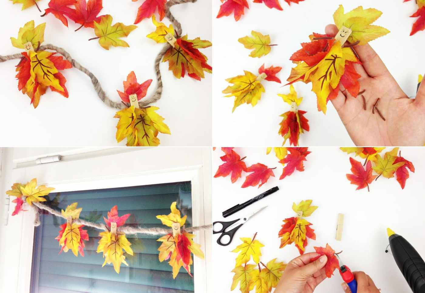 Hübsche Herbstdeko basteln mit Kindern- Girlande aus künstlichem oder echtem Laub