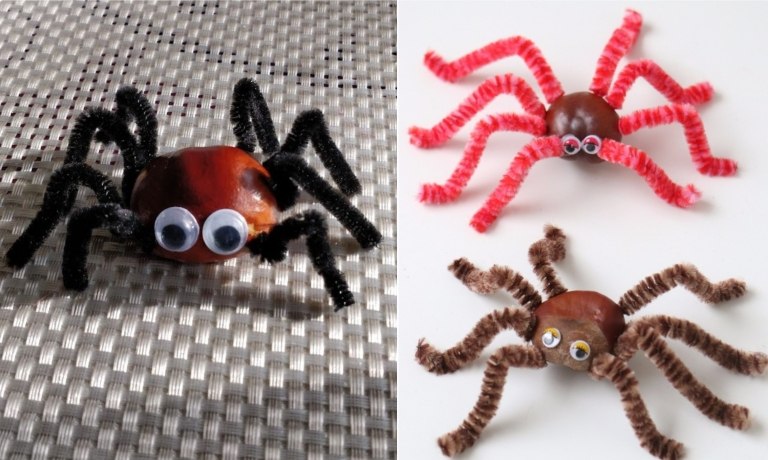 Kastanien Tiere basteln - DIY Spinne mit Beinen aus Pfeifenputzer