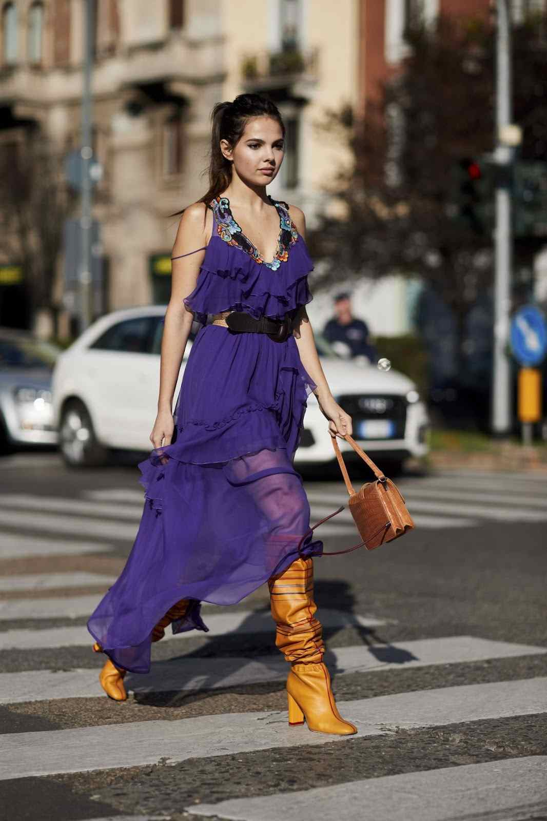 Dress with leather boots combine fashion trends autumn 2019