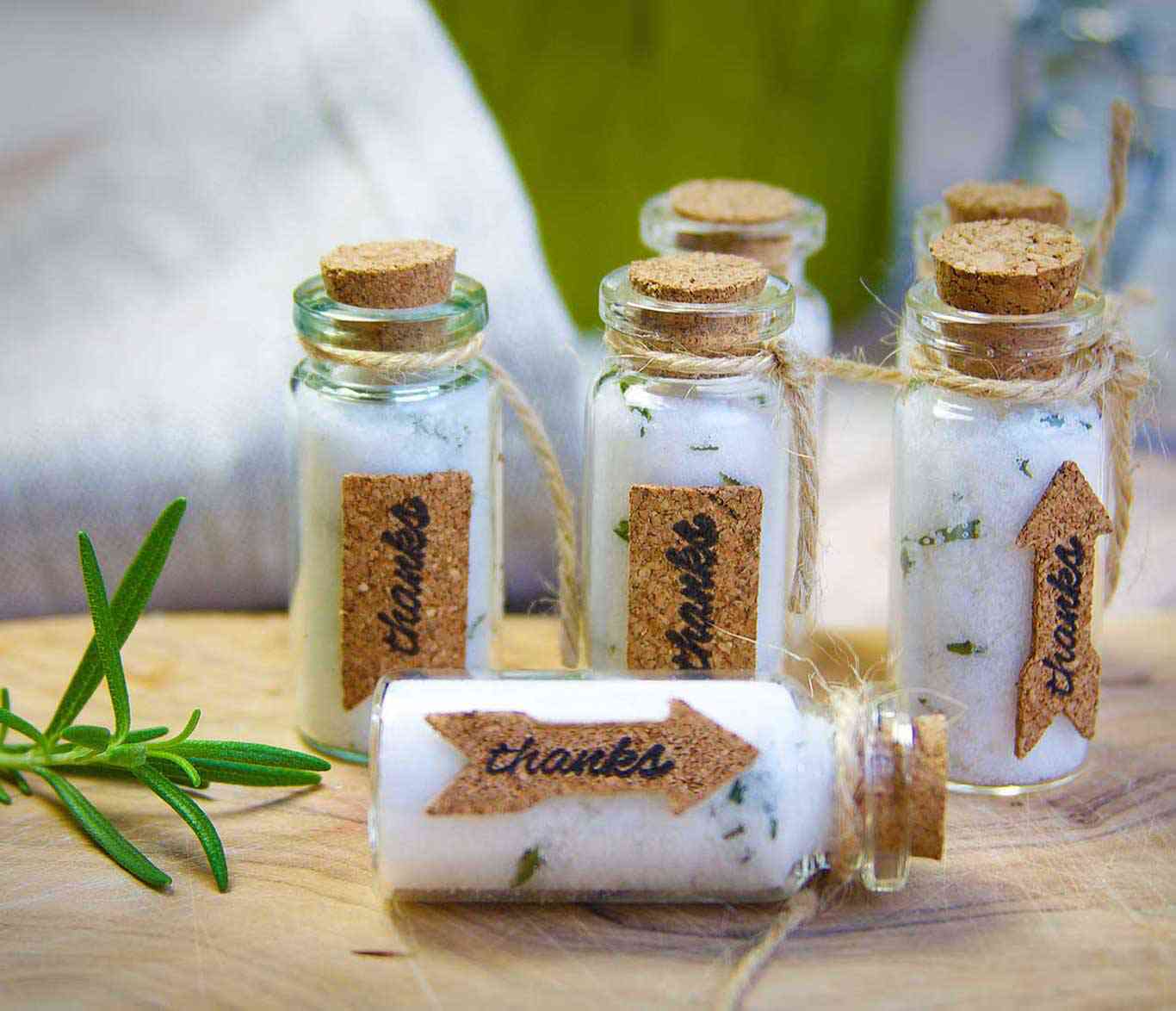 Brunch wedding salt rosemary bottles