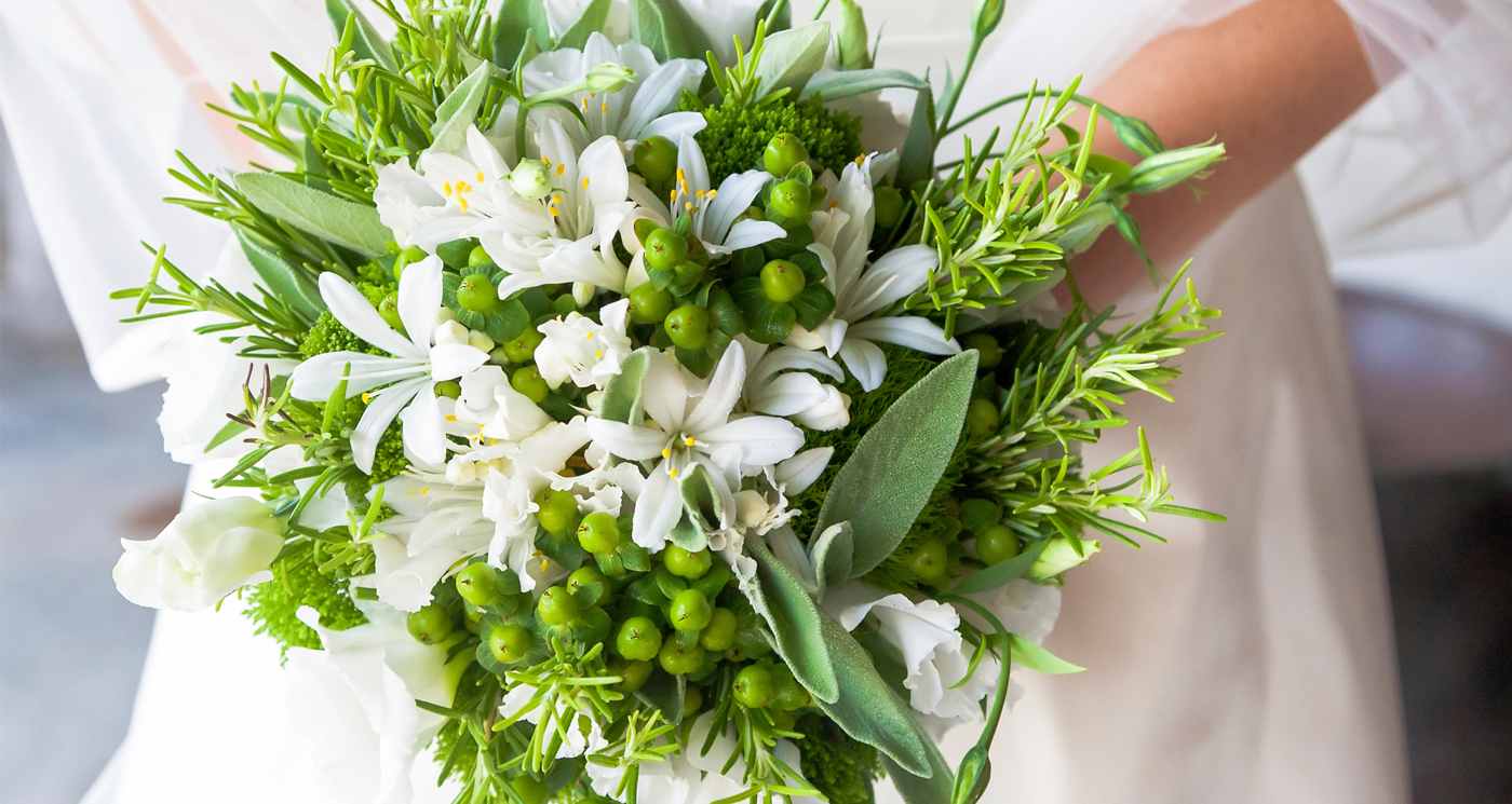 fresh flowers Rosemary Scent Summer wedding white green