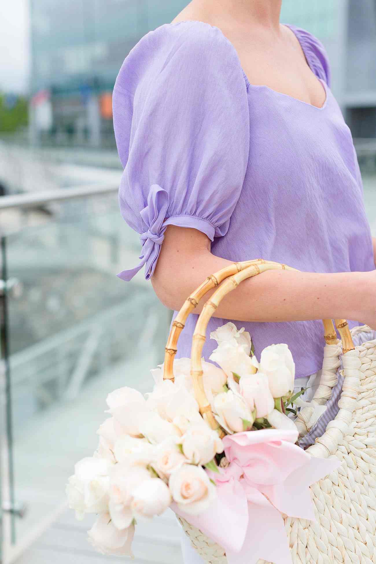 Purple Fashion Trends Shirt Blouse Outfit Ideas Fashion Accessories Bamboo Handbag