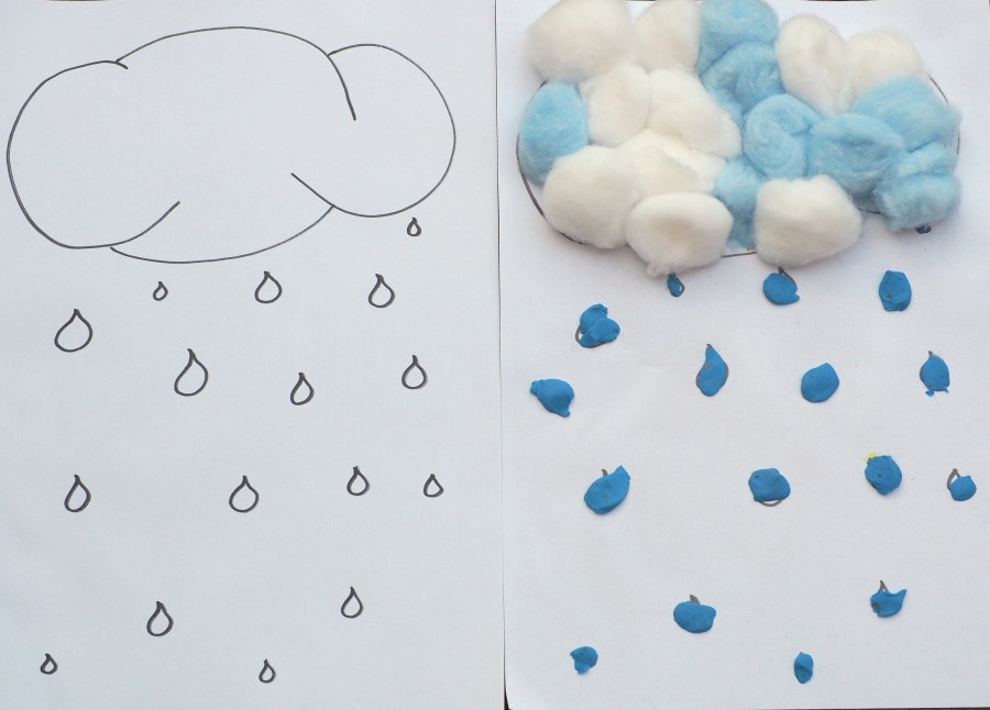 Mit Knete und Watte eine Regenwolke mit Regeln selber basteln mit Kleinkindern