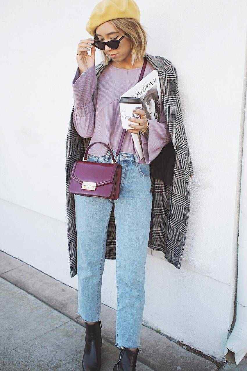Mom Jeans combine Wool Coat in Karomuster Outfit Ideas