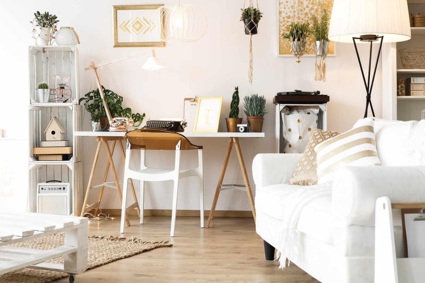     Buy furniture online living room furniture in white with foldable desk in white with cross legs, plastic chair and rustic table lamp 